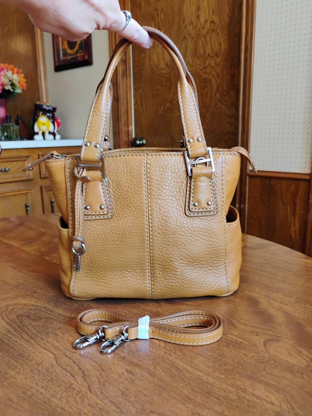 Fossil Tan Pebble Grain Leather Mini Double Handle Satchel W/ Key & Side Pockets
